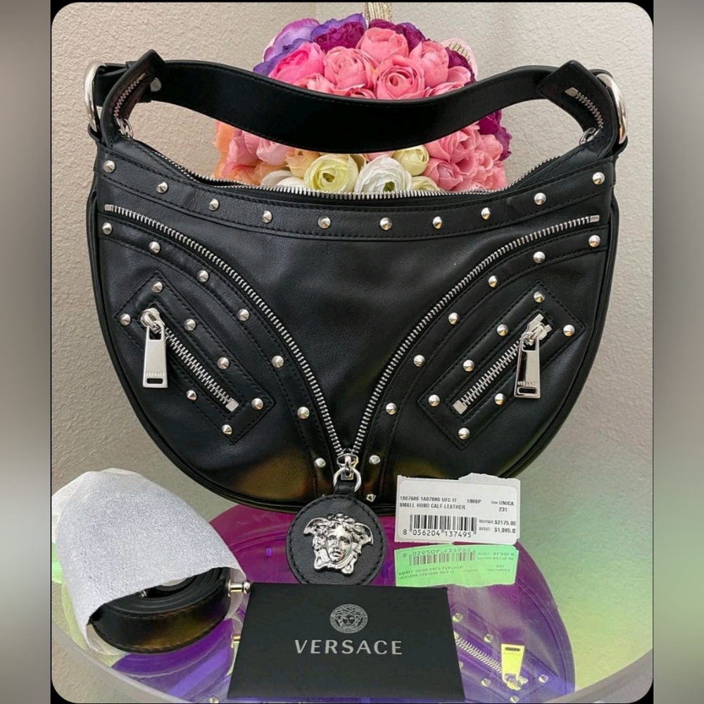 Versace Studded Leather REPEAT HOBO Small Crossbody Purse Bag BLACK NWT